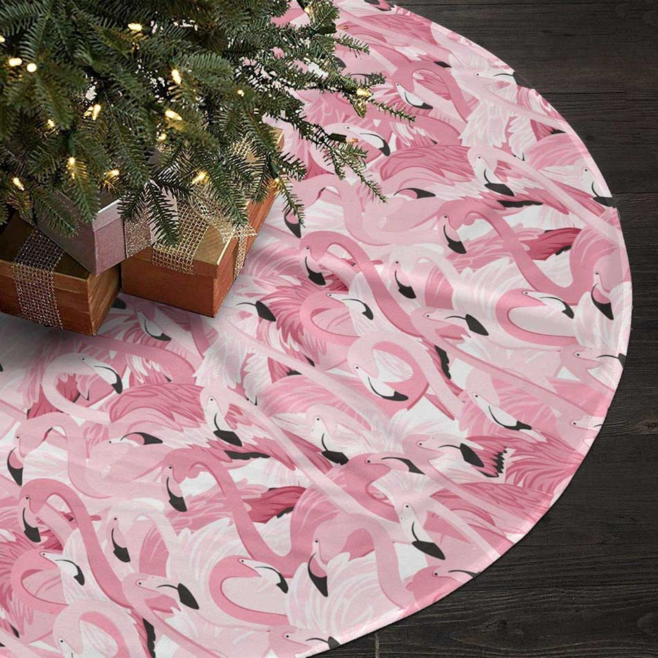 Christmas tree skirt with pink flamingo design