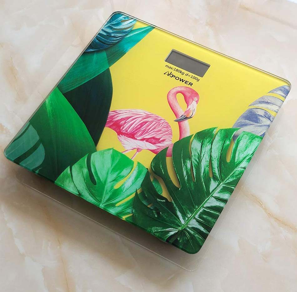Flamingo body weight scale with yellow background
