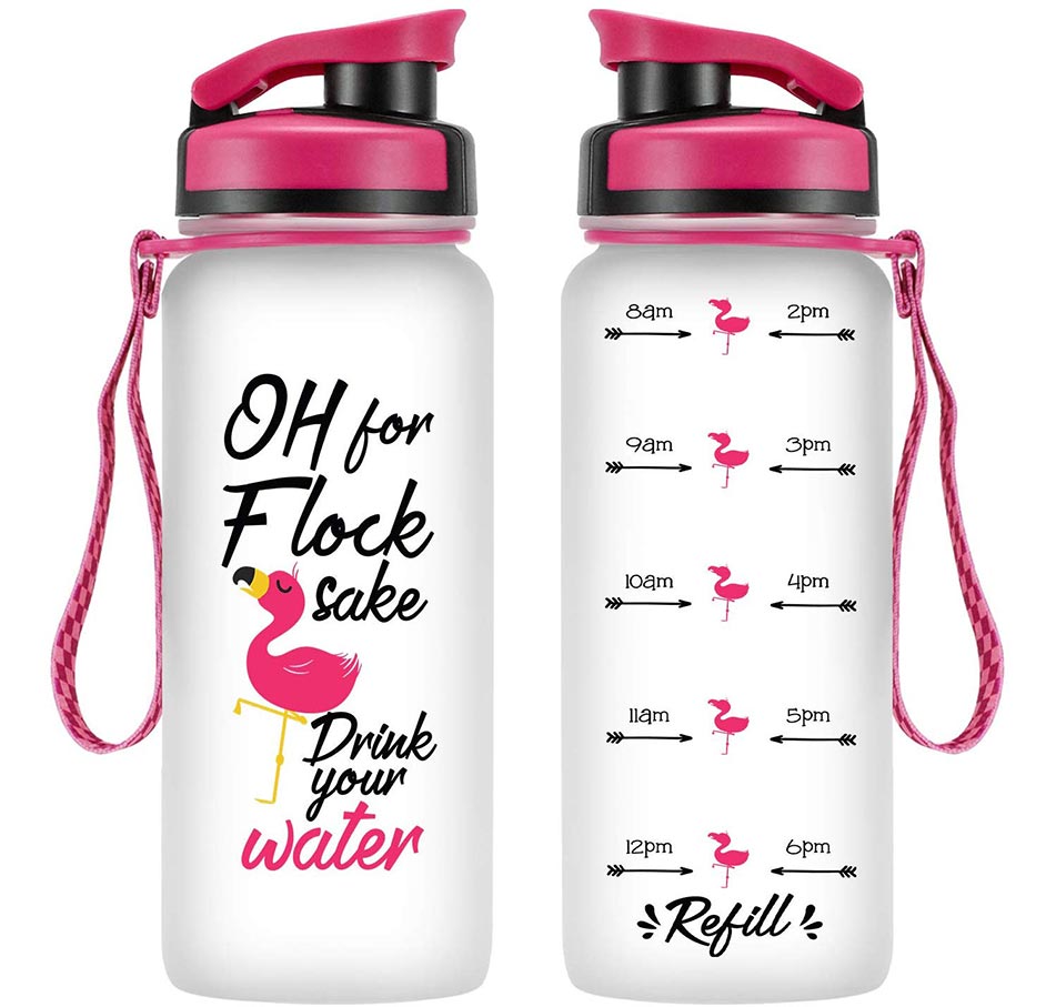 Yoga water bottle with pink flamingo design
