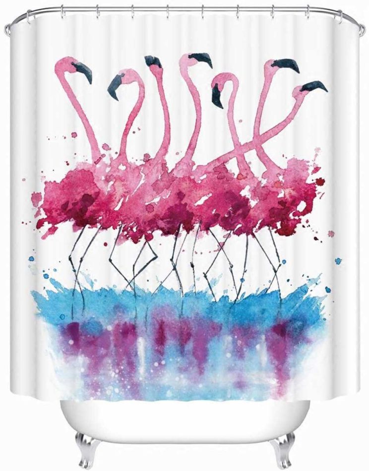 Pink flamingos splashing watercolor-style shower curtain