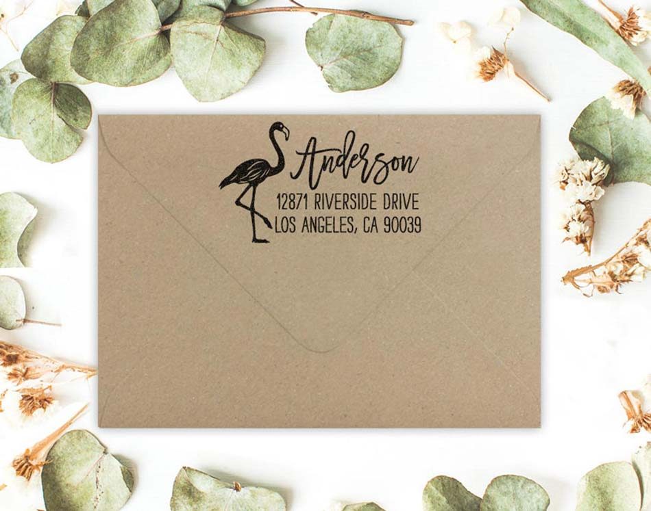 Return address stamps with flamingo style